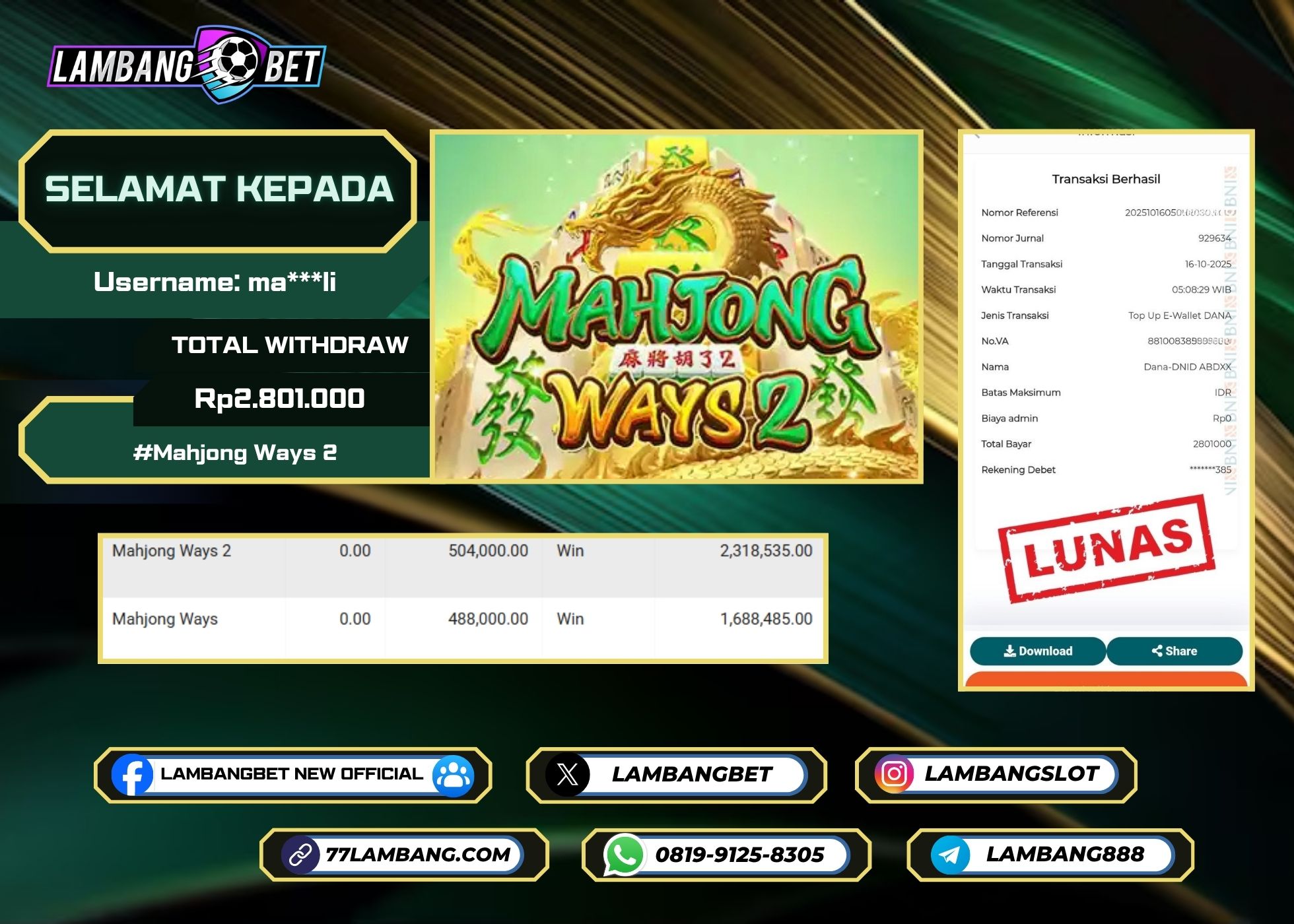 LAMBANGBET [16 OKTOBER 2025] JACKPOT SLOT Mahjong Ways 2 "Rp2.801.000" LUNAS